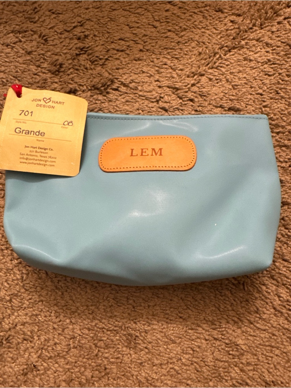 Jon Hart Design Light Blue Cosmetic Pouch with Tan Monogram Patch